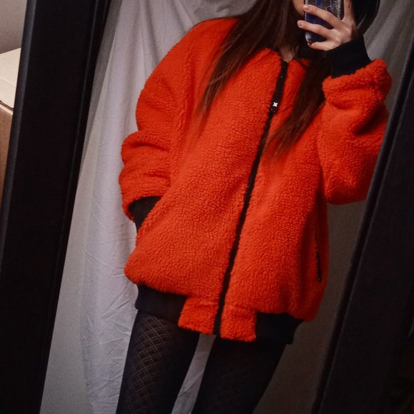 Collusion // Orange Fuzzy Bomber Jacket - Picture 1 of 5